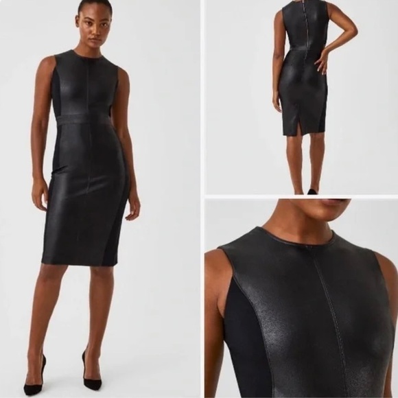 - NEW SPANX Leather-Like Combo Fitted Dress MIDI SIZE LARGE - Picture 1 of 7